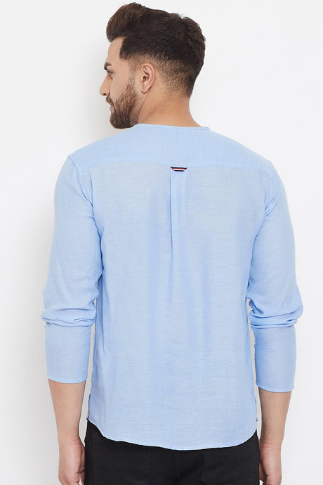 Buy Men's Blended Cotton Solid Short Kurta in Blue - Zoom In