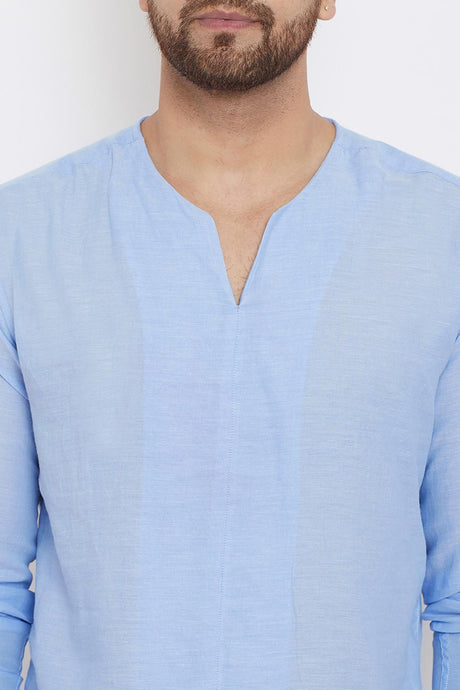 Buy Men's Blended Cotton Solid Short Kurta in Blue - Zoom Out