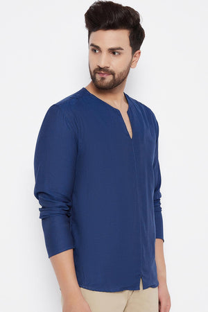 Buy Blended Cotton Solid Kurta in Blue Online - Side