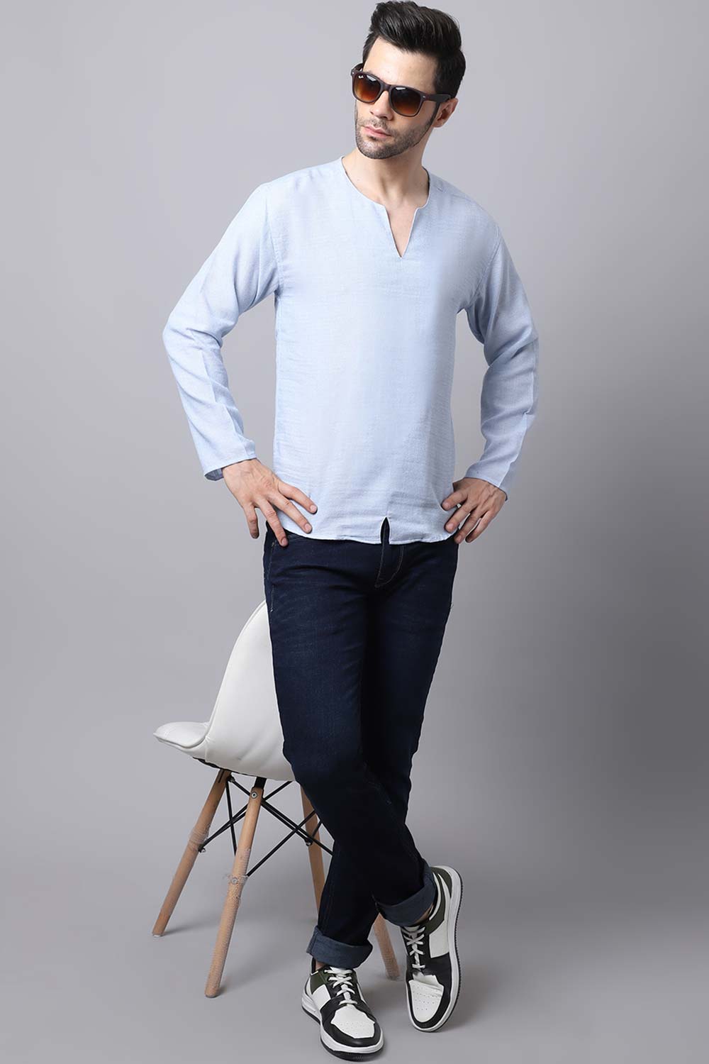 Men's Light Blue Solid Full Sleeve Short Kurta Top (SKV-SLD081-SBC)
