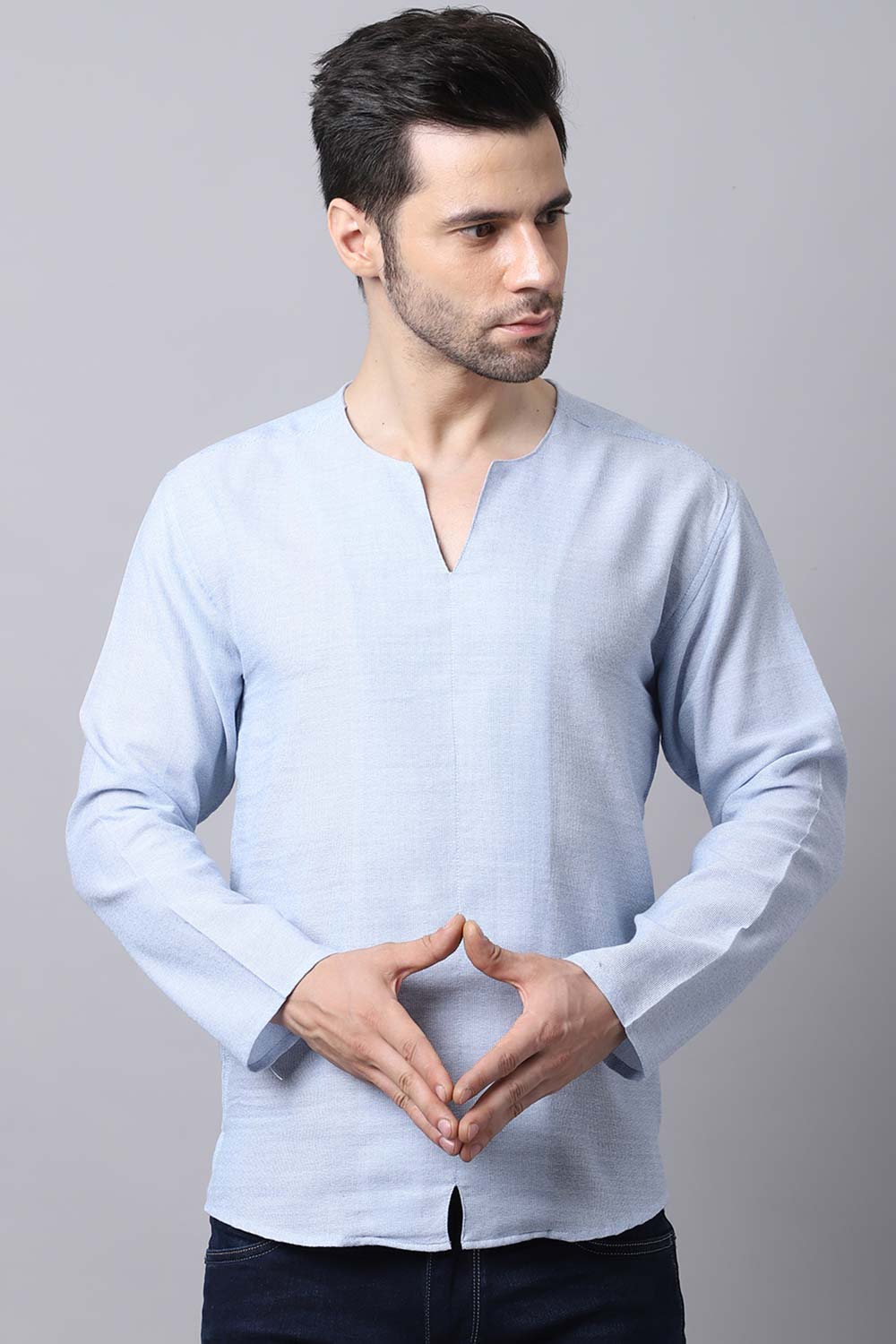 Men's Light Blue Solid Full Sleeve Short Kurta Top (SKV-SLD081-SBC)