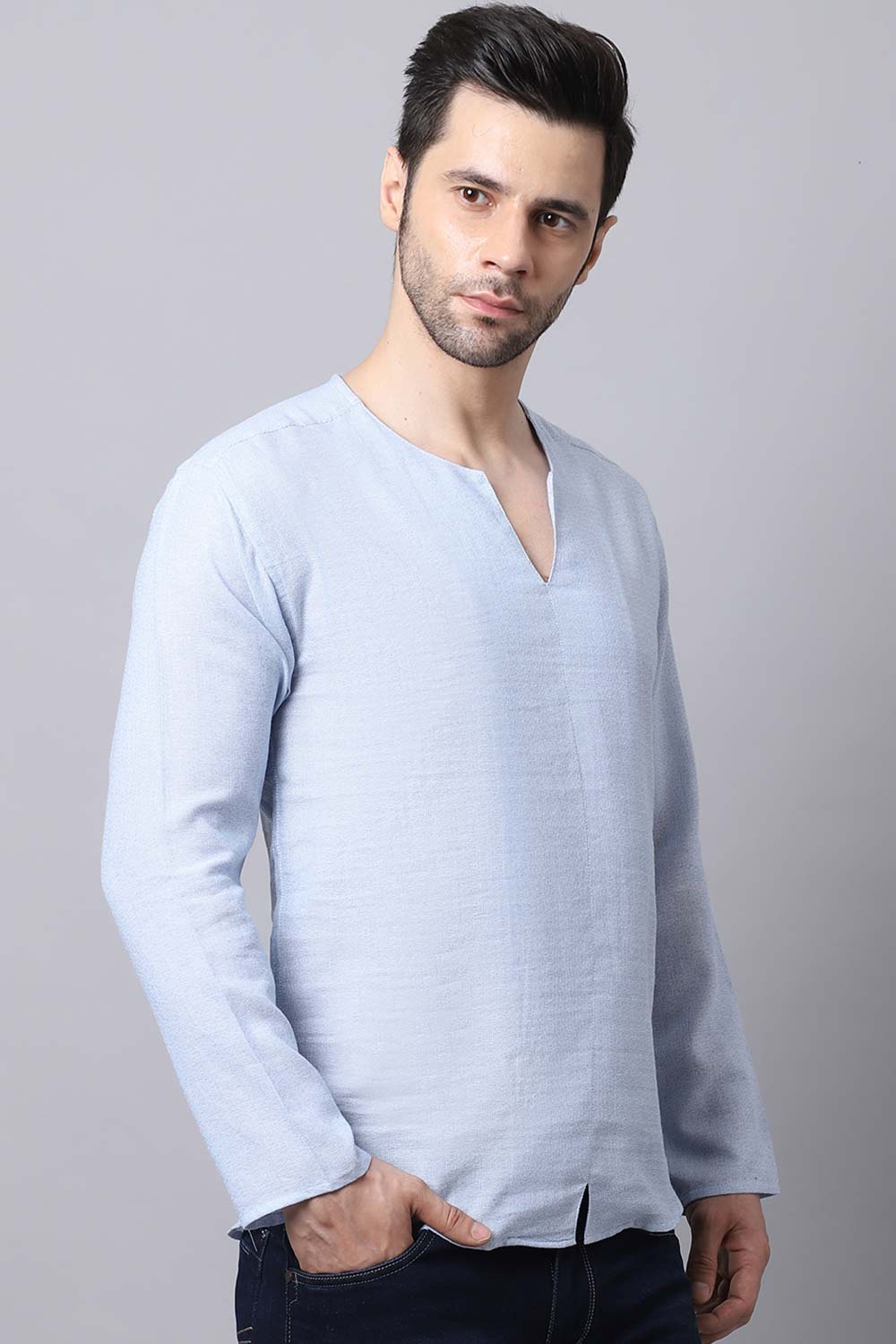 Men's Light Blue Solid Full Sleeve Short Kurta Top (SKV-SLD081-SBC)
