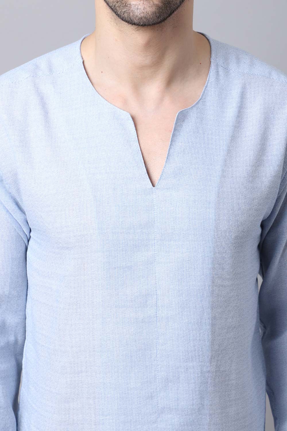 Men's Light Blue Solid Full Sleeve Short Kurta Top (SKV-SLD081-SBC)