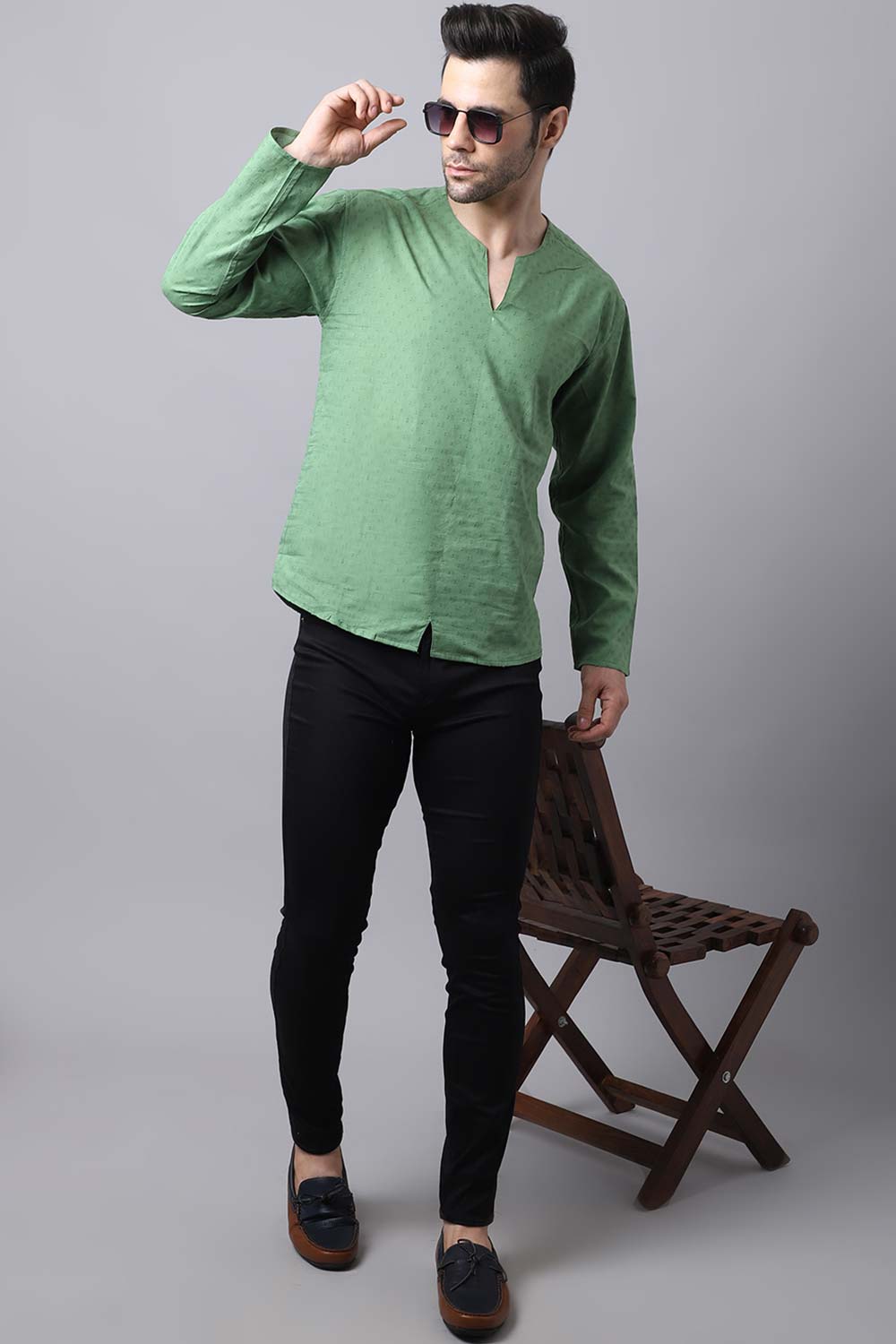 Men's Light Green Self-Design Full Sleeve Short Kurta Top