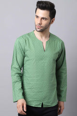 Men's Light Green Self-Design Full Sleeve Short Kurta Top