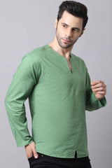 Men's Light Green Self-Design Full Sleeve Short Kurta Top