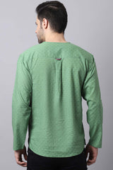 Men's Light Green Self-Design Full Sleeve Short Kurta Top