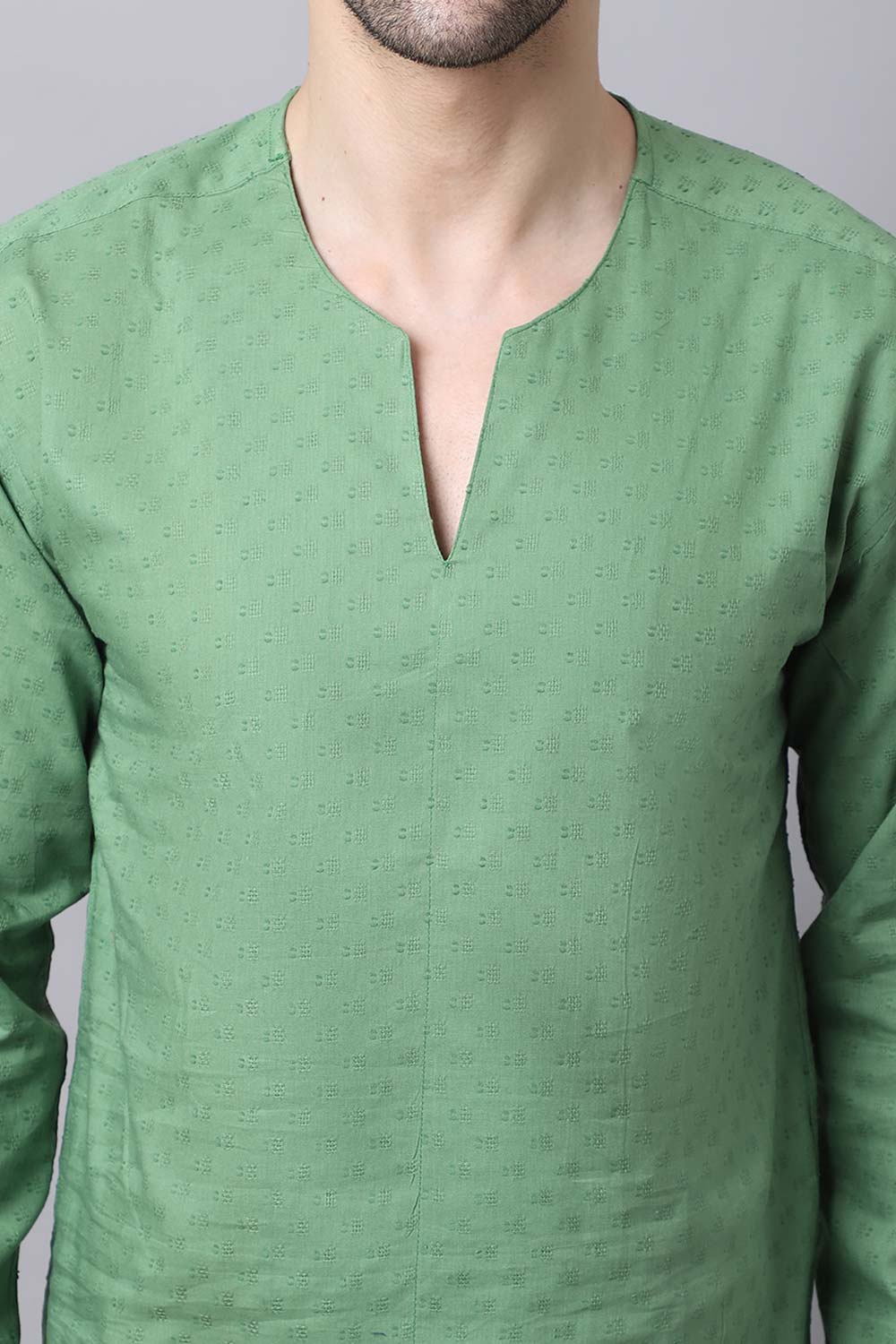 Men's Light Green Self-Design Full Sleeve Short Kurta Top