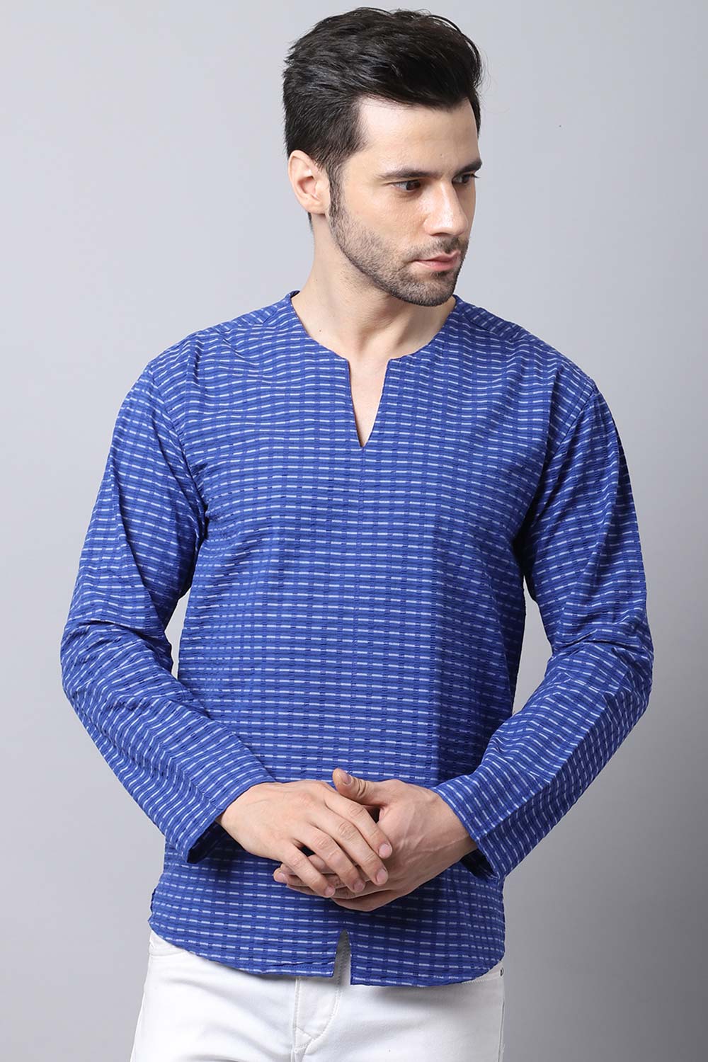 Men's Light Blue Solid Full Sleeve Short Kurta Top (SKV-STR077-BLC)