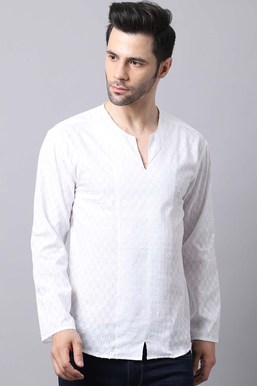 Men's Light White Self-Design Full Sleeve Short Kurta Top