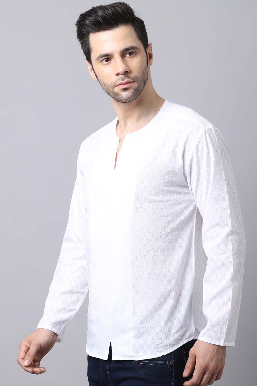 Men's Light White Self-Design Full Sleeve Short Kurta Top