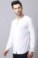 Men's Light White Self-Design Full Sleeve Short Kurta Top
