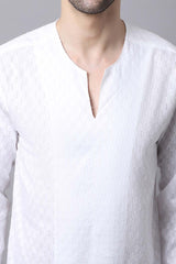 Men's Light White Self-Design Full Sleeve Short Kurta Top