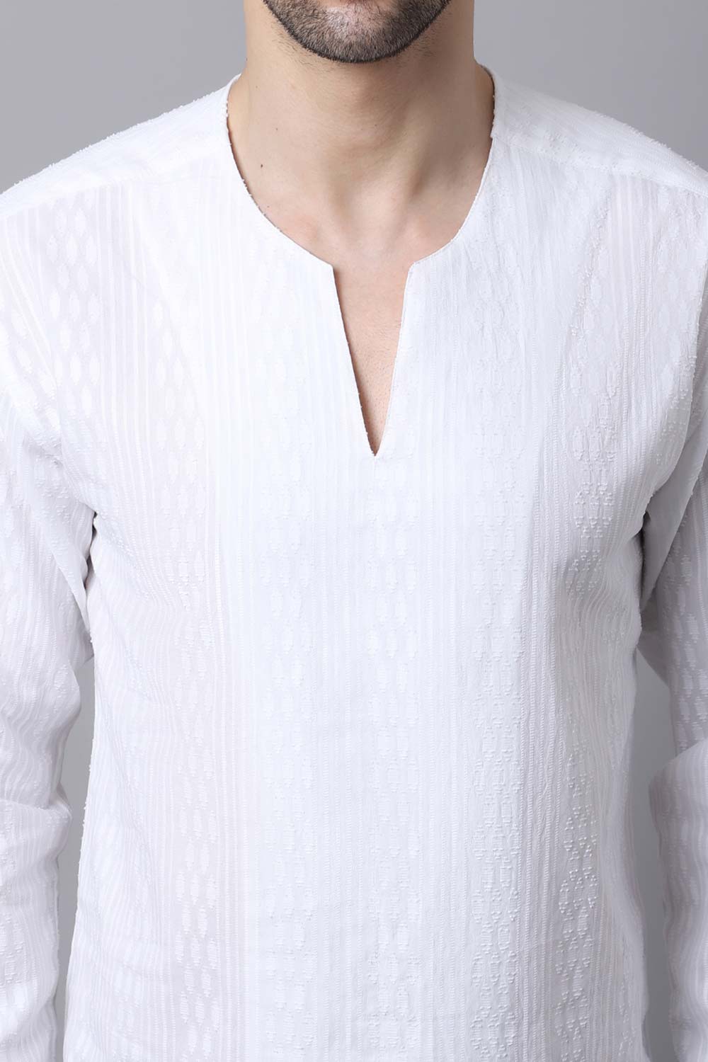 Men's Light White Solid Full Sleeve Short Kurta Top