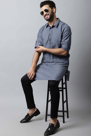 Men's Light Grey Indian Full Sleeve Long Kurta Top (SLK-MMS149-GYC)