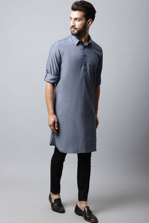 Men's Light Grey Indian Full Sleeve Long Kurta Top (SLK-MMS149-GYC)