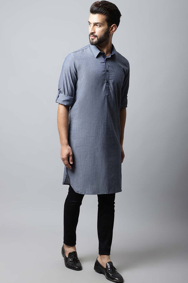 Men's Light Grey Indian Full Sleeve Long Kurta Top (SLK-MMS149-GYC)