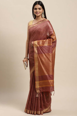 Silk Blend Stripe Saree In Maroon