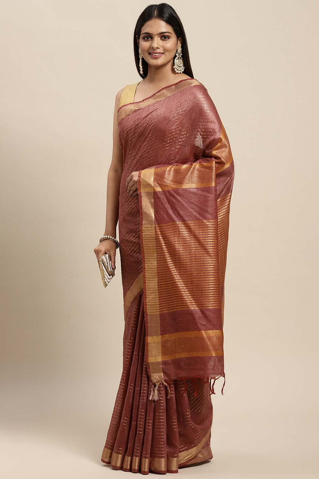 Silk Blend Stripe Saree In Maroon