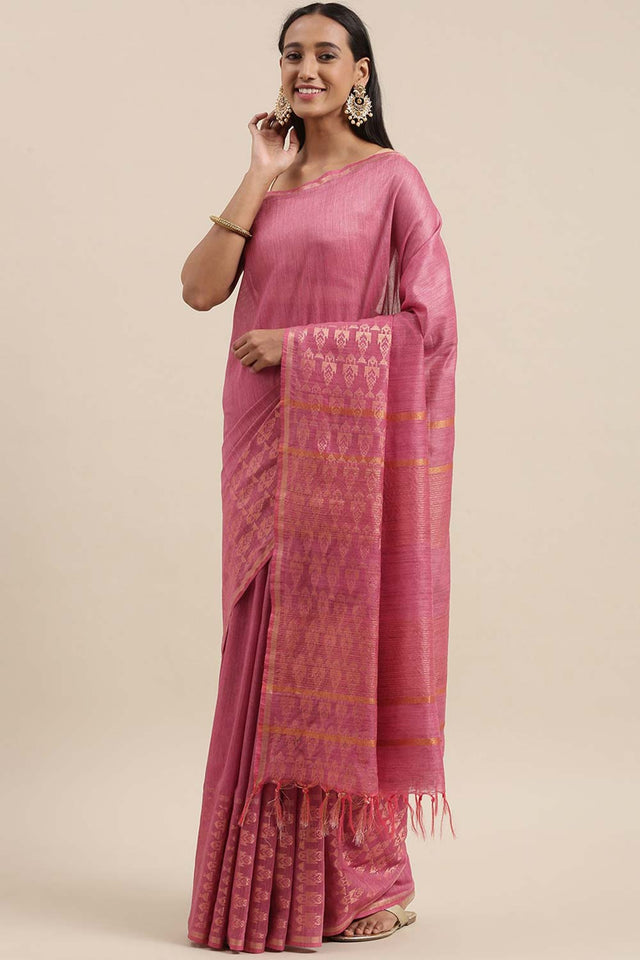 Silk Blend Stripe Saree In Pink