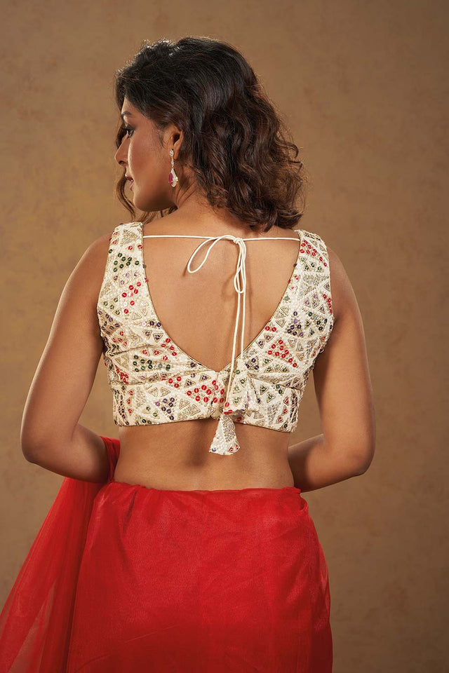 White Brocade Sleeveless Padded Blouse (SS-VF-0029)