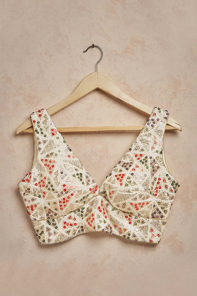 White Brocade Sleeveless Padded Blouse (SS-VF-0029)