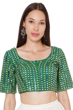 Green Slub Silk Mirror Embellished Embroidered Readymade Saree Blouse