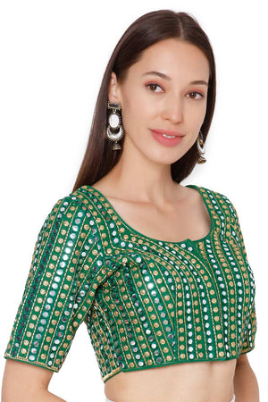 Green Slub Silk Mirror Embellished Embroidered Readymade Saree Blouse