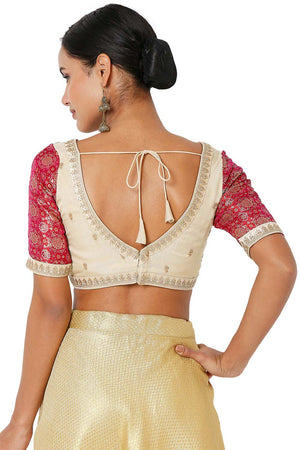 Beige & Pink Organza Embroidered Readymade Saree Blouse
