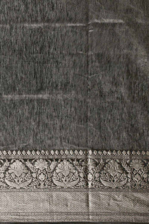 Buy Linen Blend Zari Woven Saree in Black Online - Front