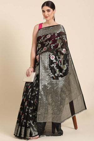 Blue Silk Blend Floral Saree