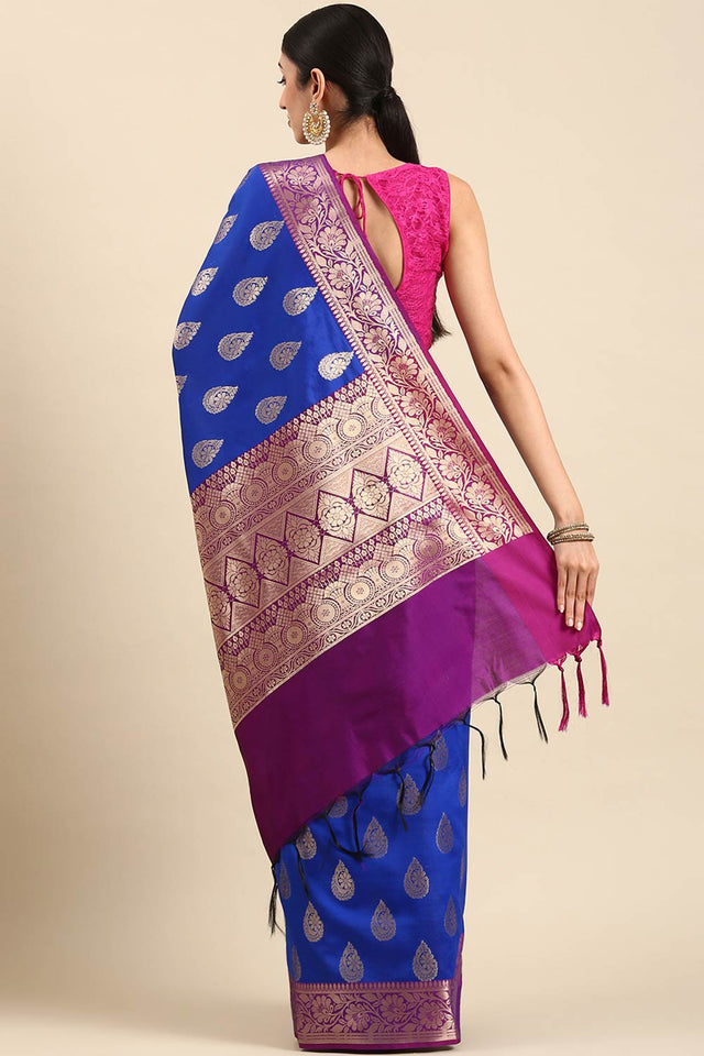 Blue Art Silk Block Saree