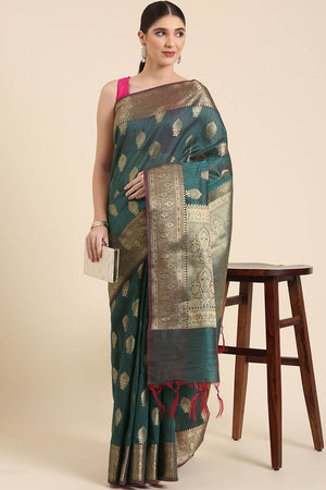 Green Silk Blend Self-Design Saree