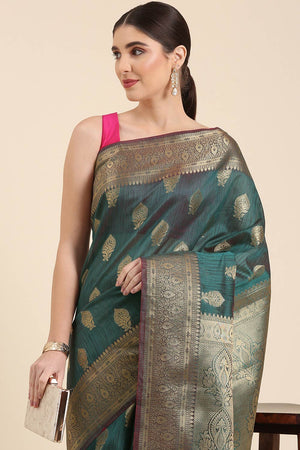 Green Silk Blend Self-Design Saree