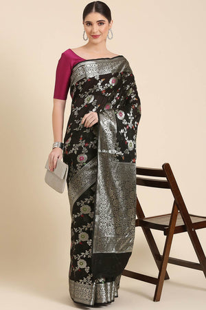 Black Silk Blend Floral Saree