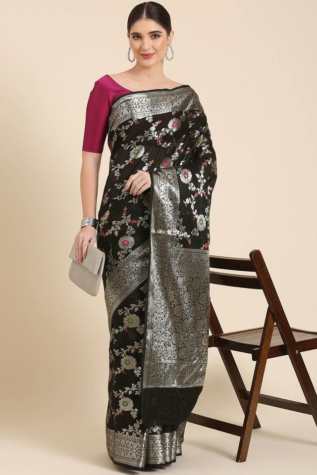 Black Silk Blend Floral Saree