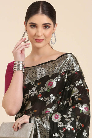 Black Silk Blend Floral Saree