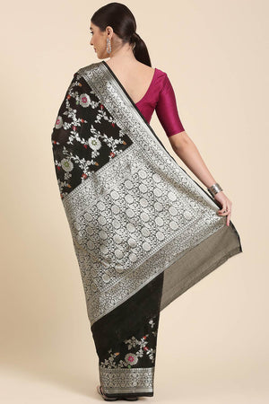 Black Silk Blend Floral Saree