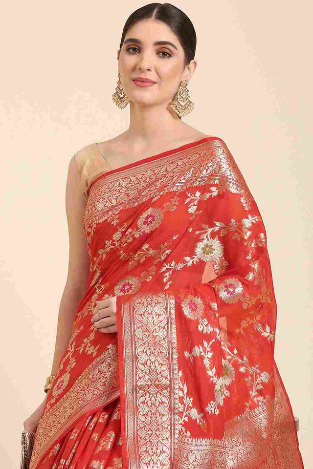 Orange Silk Blend Self-Design Saree
