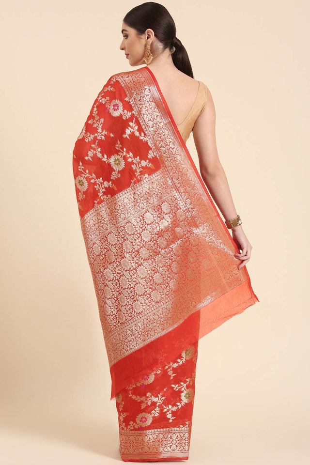 Orange Silk Blend Self-Design Saree