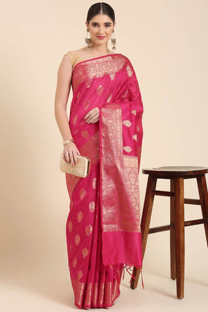 Pink Silk Blend Self-Design Saree