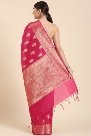 Pink Silk Blend Self-Design Saree