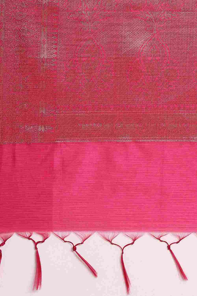 Pink Silk Blend Self-Design Saree
