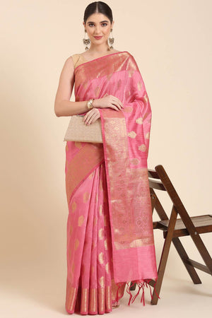 Pink Silk Blend Self-Design Saree