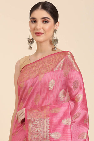 Pink Silk Blend Self-Design Saree