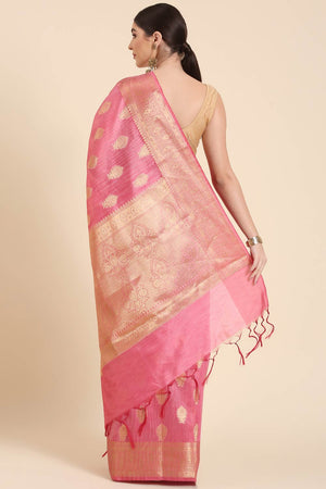 Pink Silk Blend Self-Design Saree