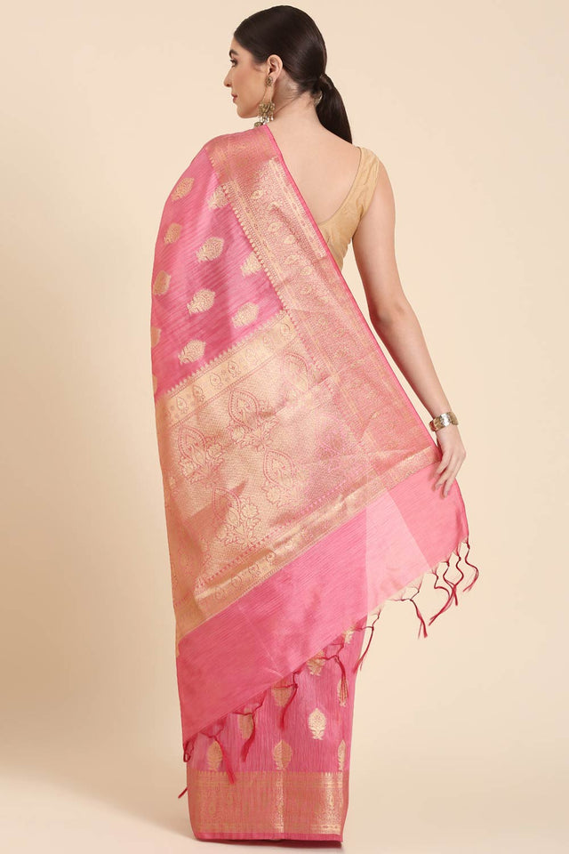 Pink Silk Blend Self-Design Saree