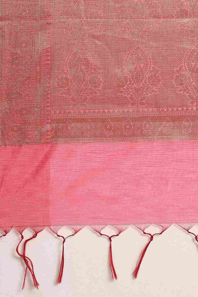 Pink Silk Blend Self-Design Saree