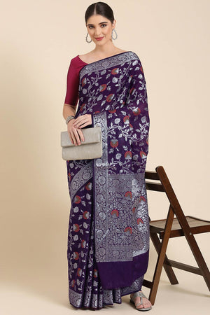 Purple Silk Blend Floral Saree
