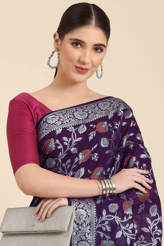 Purple Silk Blend Floral Saree